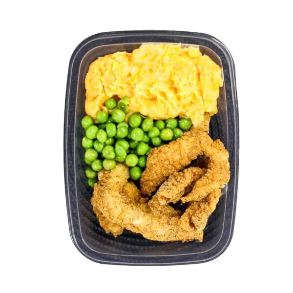 Kids Crumbed Chicken Strips with a Carrot and Potato Mash with Peas - 250g - Image 2